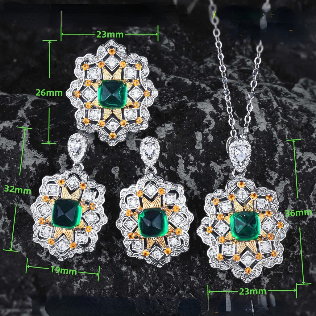 Goldkingdom Aksesoris Perhiasan Fashion Ready Stock Gaya Istana Antik Renda Liontin Warna Ganda Cincin Emas Gula Tower Anting Berlian Hijau Kalung Emerald Set