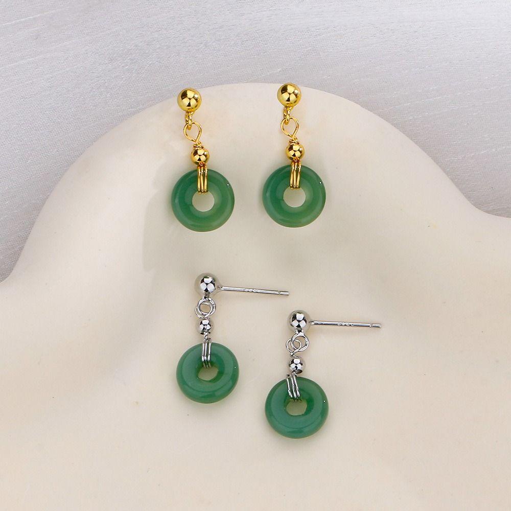 Mxbeauty Anting Gaya Cina Geometri Retro Bulat Liontin Fashion Giok Klasik Perempuan Menjuntai Earrings