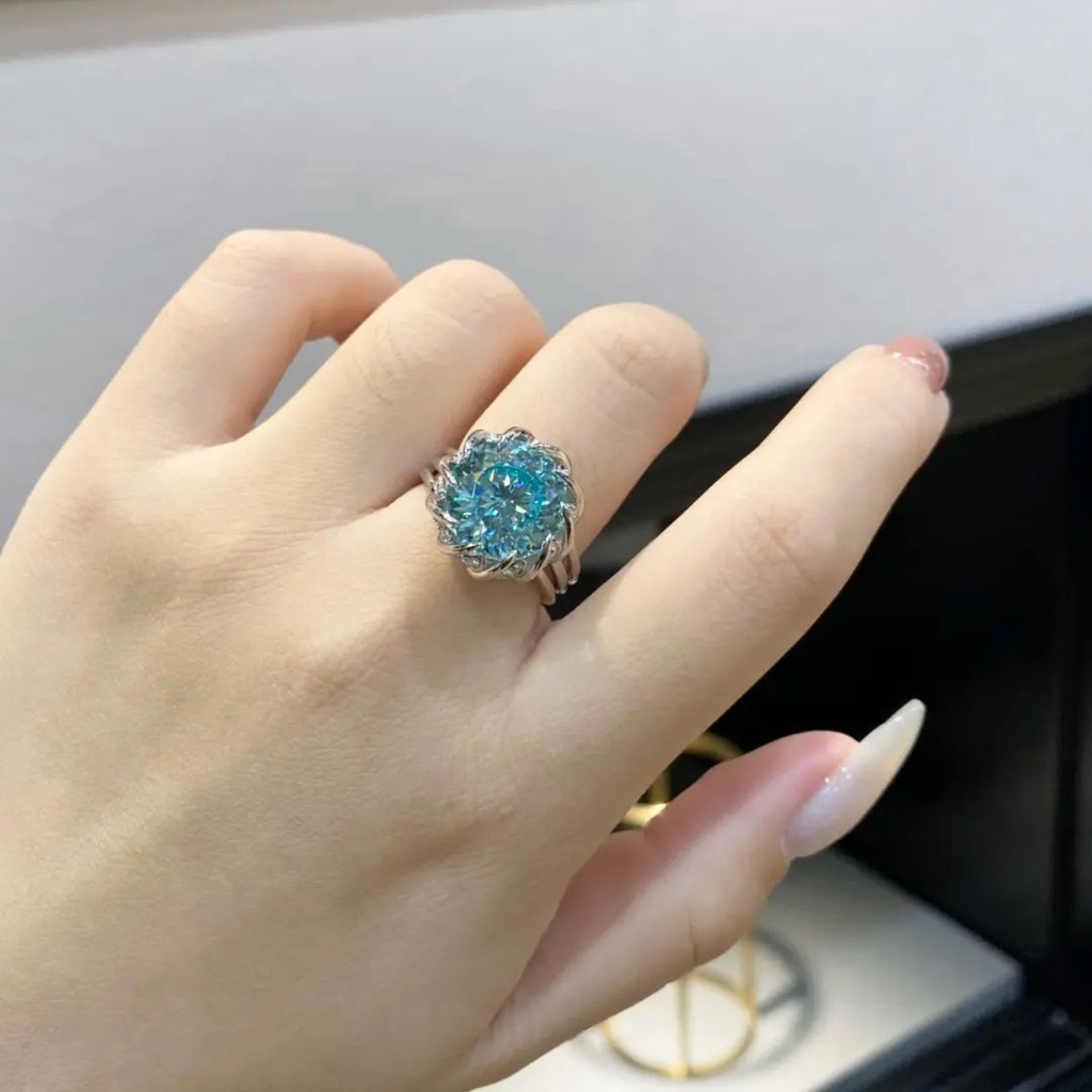 Goldkingdom Aksesoris Perhiasan Fashion Ready Stock Paraiba Blue-Diamond Ring Pt950 Delapan Hati Delapan Panah Karbon Tinggi Berlian Warna Harta Cincin Terbuka