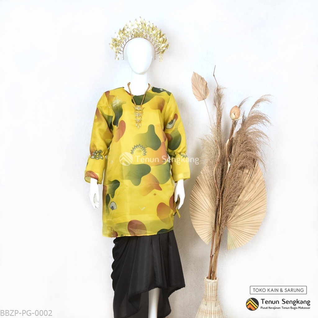 Baju Bodo Organza Modern Print Bugis Makassar Lengan Panjang Hijau Gold - Tenun Sengkang BBZP-PG-0002  (Harga per Pcs)