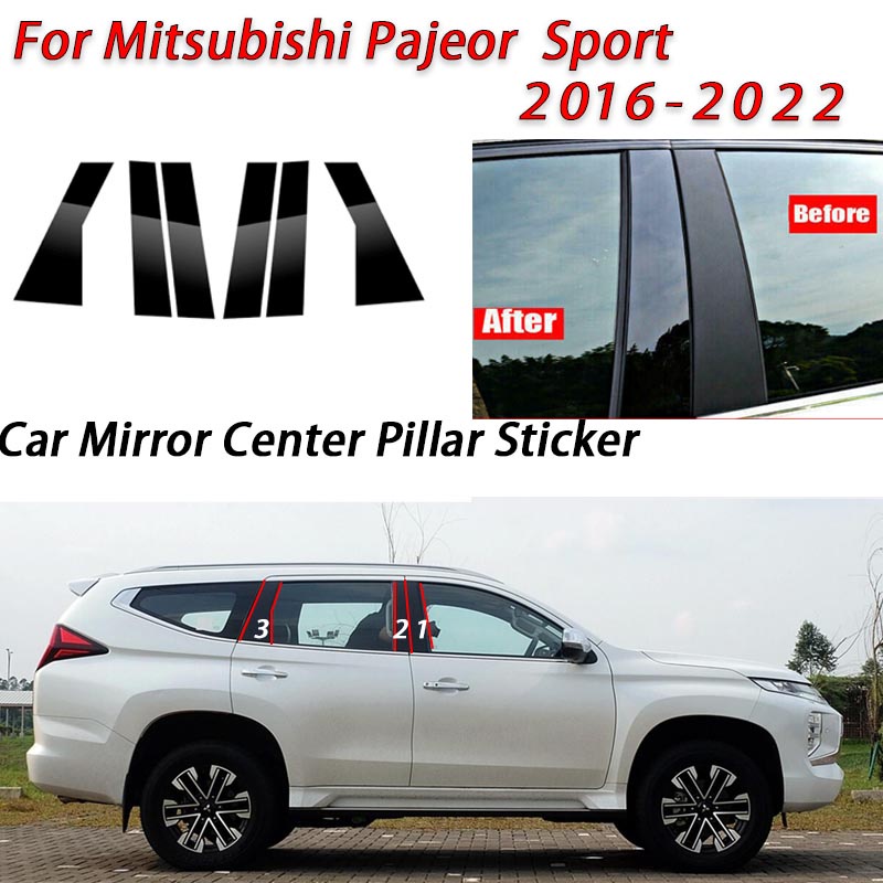 6pcs Mitsubishi Pajero Sport Hitam Glossy Jendela Pintu Mobil Kolom Tengah B C Tiang Pilar Stiker Lis Cermin Dekorasi Film 2016-2022 Aksesoris