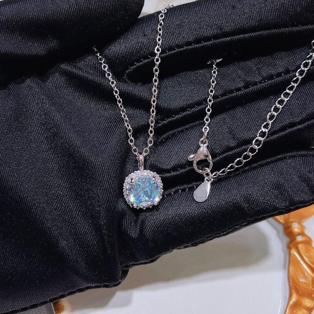 Goldkingdom Fashion Perhiasan Aksesoris Ready Stock Perhiasan Mewah Imitasi Harta Karun Kalung Kacang Gula Kecil Super Mengkilap Brilliant Bantal Sea Blue Zirconia Pendant