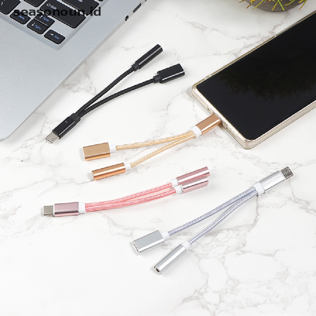 Seasonoun Adaptor Kabel Cas Jack Audio Headphone 2in1 Type-C Ke 3.5mm USB-C Converter Earphone Adapter Untuk Ponsel.