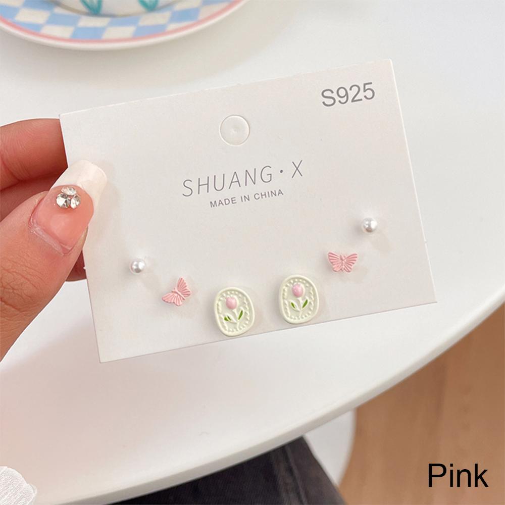 Timekey 6pcs/set Niche Sederhana Tulip Anting Pink Biru Alloy Ear Studs Earrings Halus Perhiasan Aksesoris Untuk Wanita S5U9