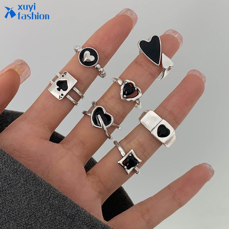 7Pcs/set Personalized Spades Heart Ring Set Dropping Oil Silver Rings for Women Jewelry Accessories