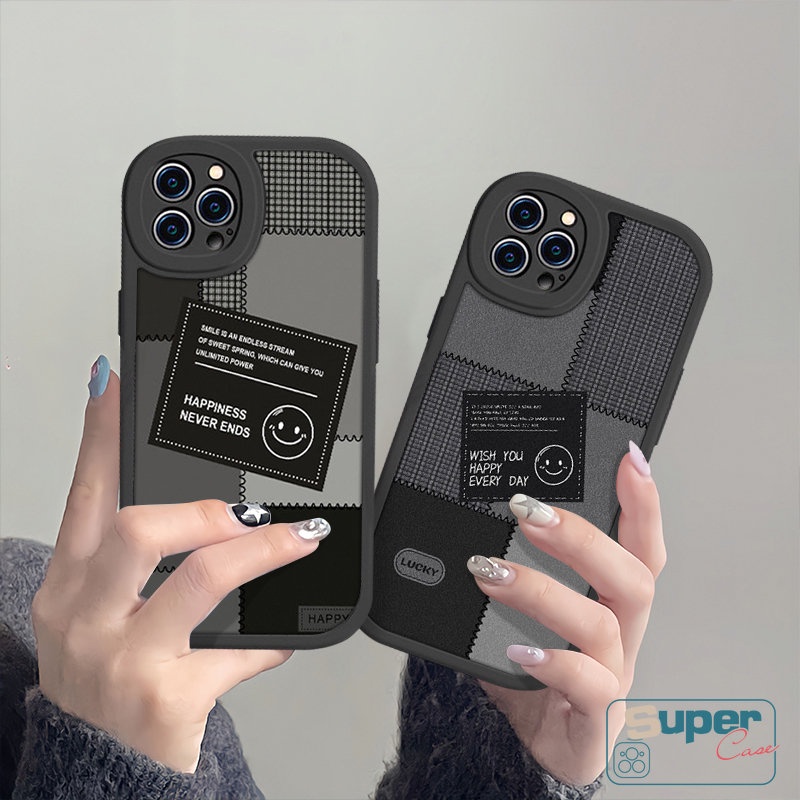 Casing Ins Fashion Label Hitam Jahitan Smiley Lucu Pasangan Case Kompatibel Untuk iPhone 7Plus 8Puls 11 14 12 13 Pro Max7 8 6 6s 14 Plus X XR XS MAX SE 2020 Lembut TPU Phone Cover