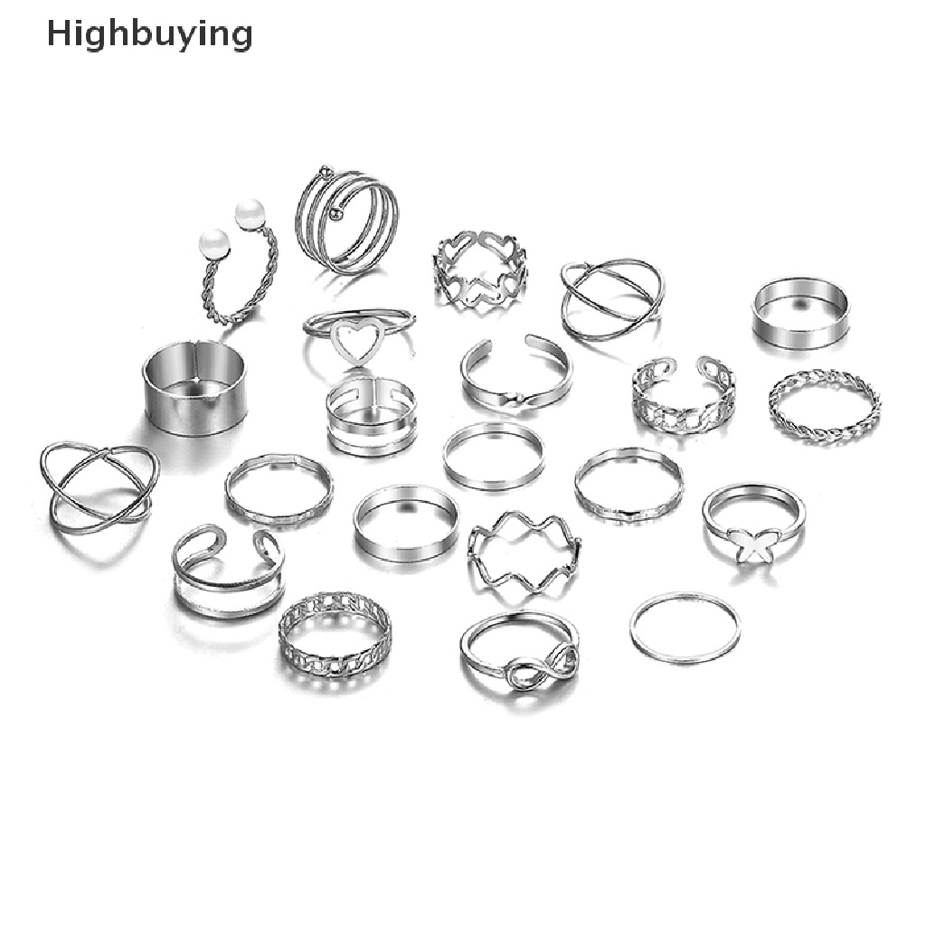 Hbid 22pcs Set Cincin Vintage Hollow Hati Kupu-Kupu Set Untuk Wanita Bahan Metal Warna Perak Bentuk Spiral Geometris Cincin rendy Jewelry Glory