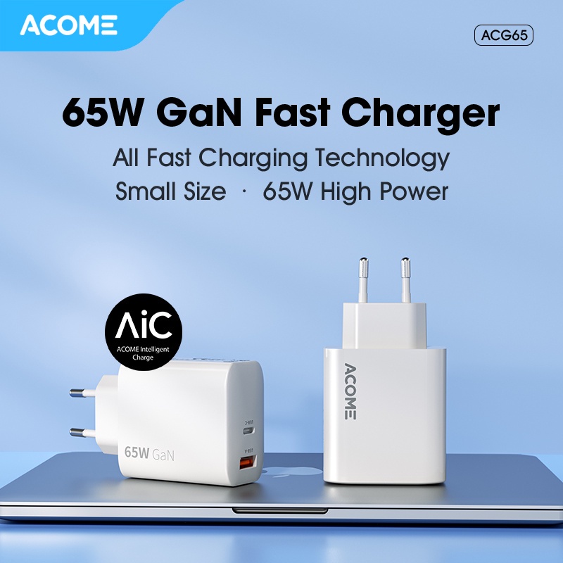 Charger 65W ACOME ACG65 GaN High Power Dual Ports Support All Fast-Charging Technology Garansi Resmi 1 Tahun