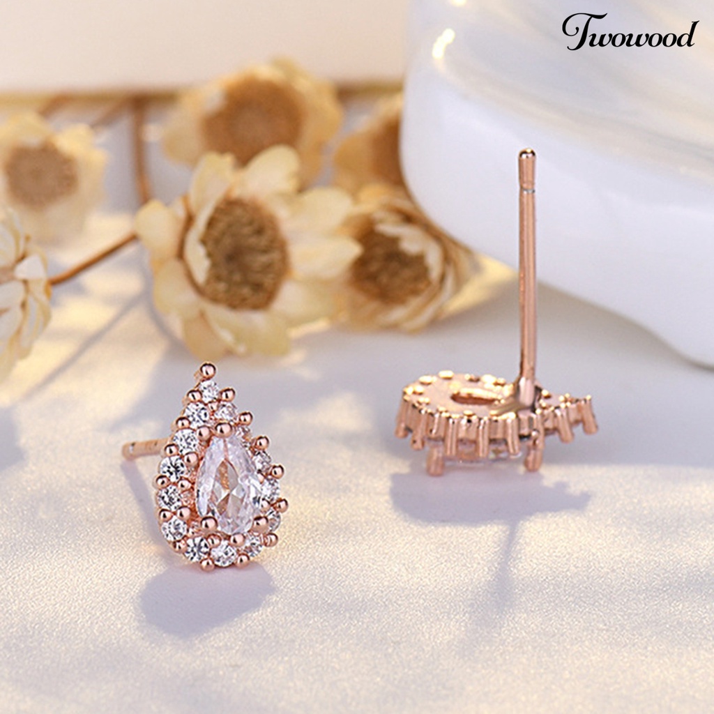 Twowood 1pasang Ear Studs Vintage Temperamen Shiny Cubic Zirconia Hias Electroplating Dress Up Hadiah Wanita Gadis Tetesan Air Stud Earrings Perhiasan Aksesoris