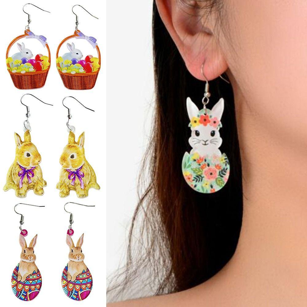 Lily 3pasang Easter Bunny Eggs Earrings Wanita Elegan Kartun Telinga Kelinci Perhiasan