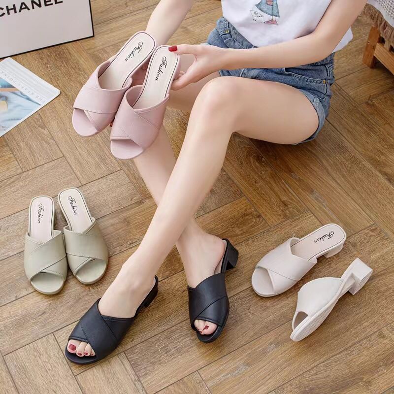 GROSIRTAS TG1655 Sandal Wedges Wanita Polos Ujung Terbuka Import