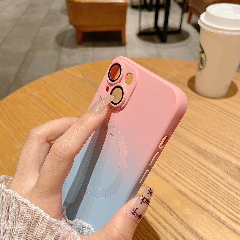 Wireless Magnetic Case Untuk iPhone 11- 14ProMax Dengan Lensa Kamera Film Pelindung12 13 Pro Max Matte Anti-Sidik Jari Persegi Tepi Lurus Soft Case