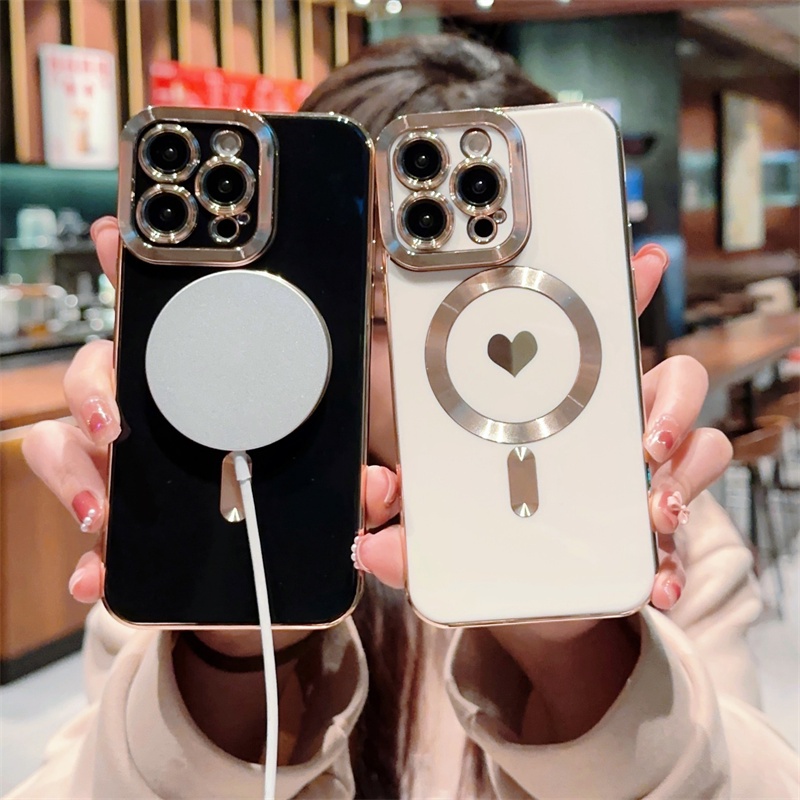 IPHONE Charge Cinta Hati Plating Magnetik Wireless Charging Case Untuk Iphone11 14 Pro Max12 13 Plus Square Plating Frame Lens Cover Pelindung