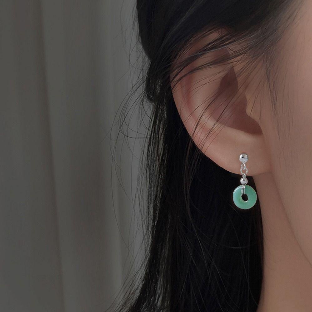 Mxbeauty Anting Gaya Cina Geometri Retro Bulat Liontin Fashion Giok Klasik Perempuan Menjuntai Earrings