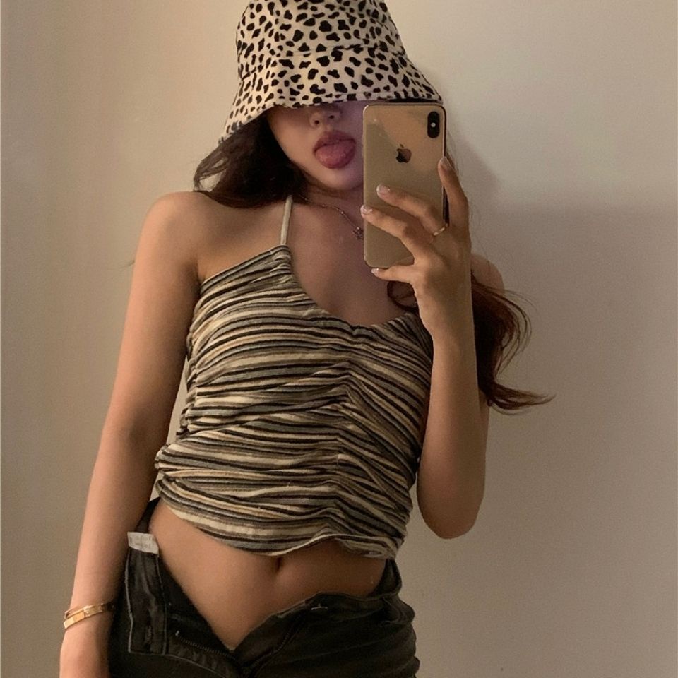 Red Pakaian Luar Seksi Bergaris Suspender Halter Leher Rompi Musim Panas Tanpa Lengan Tanpa Tali Dalam Kemeja Dasar Pendek Licik Top Wanita