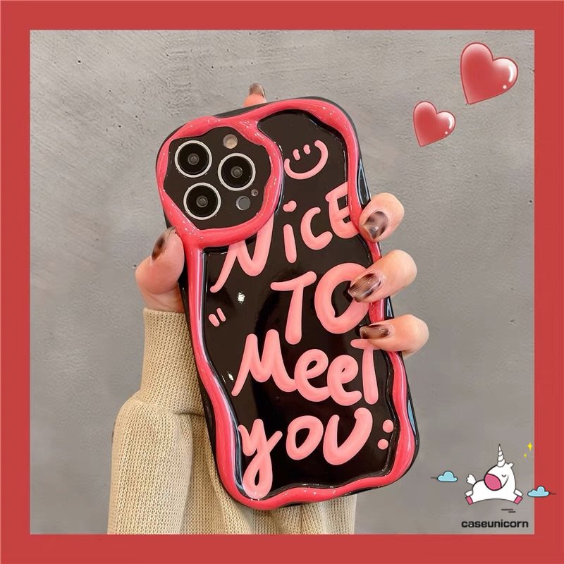 IPHONE Kompatibel Untuk Iphone11 13 12 14 Pro Max 7plus XR 6s 6 7 8 Plus X XS Max SE 2020 Ins Fashion Art Letter Smile Tpu Lembut 3D Wavy Curved Edge Shockproof Airbag Glossy Phone Case