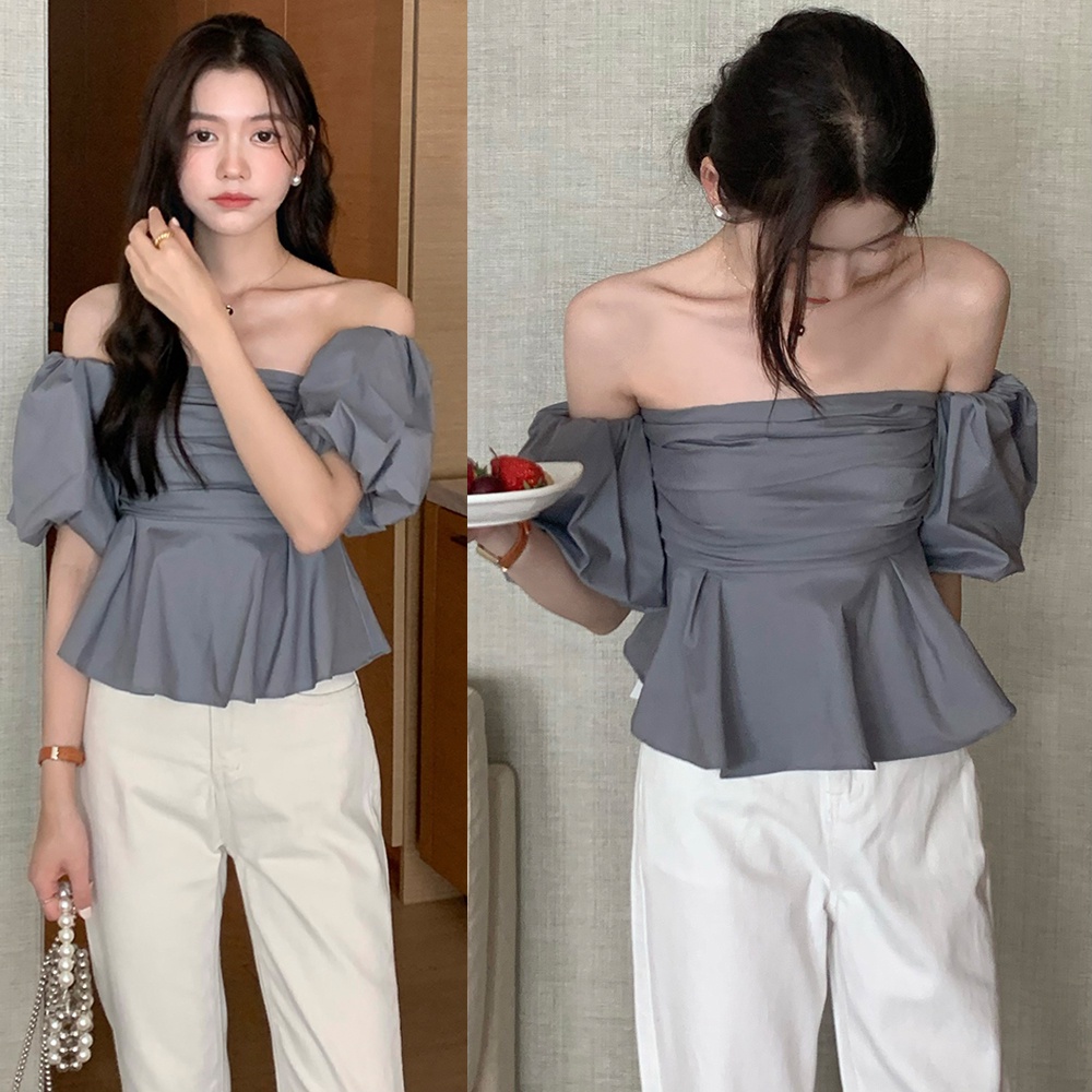 Red Design sense off-shoulder kemeja putih lengan panjang pakaian dalam wanita musim semi ceruk pendek one-shoulder kemeja bottoming kemeja top