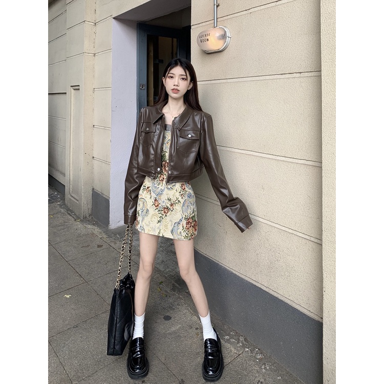 Red Manis dan keren gaya retro setelan wanita jaket kulit warna kopi musim semi bunga kecil suspender dress hot girl dua potong set