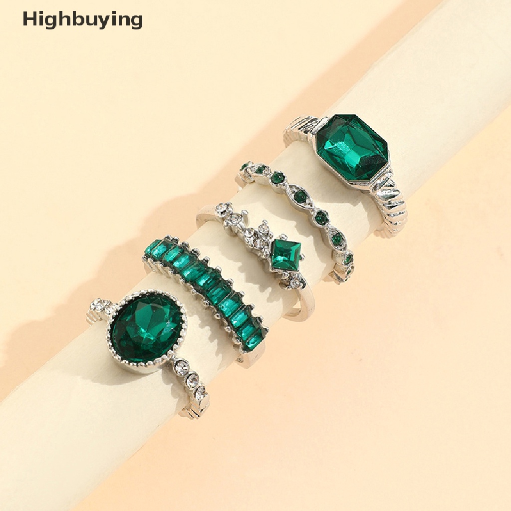 Hbid 5 Pcs Hijau Kristal Cincin Set Untuk Wanita Geometris Hias Berlian Vintage Rings Set Geometris Lady Perhiasan Hadiah Glory