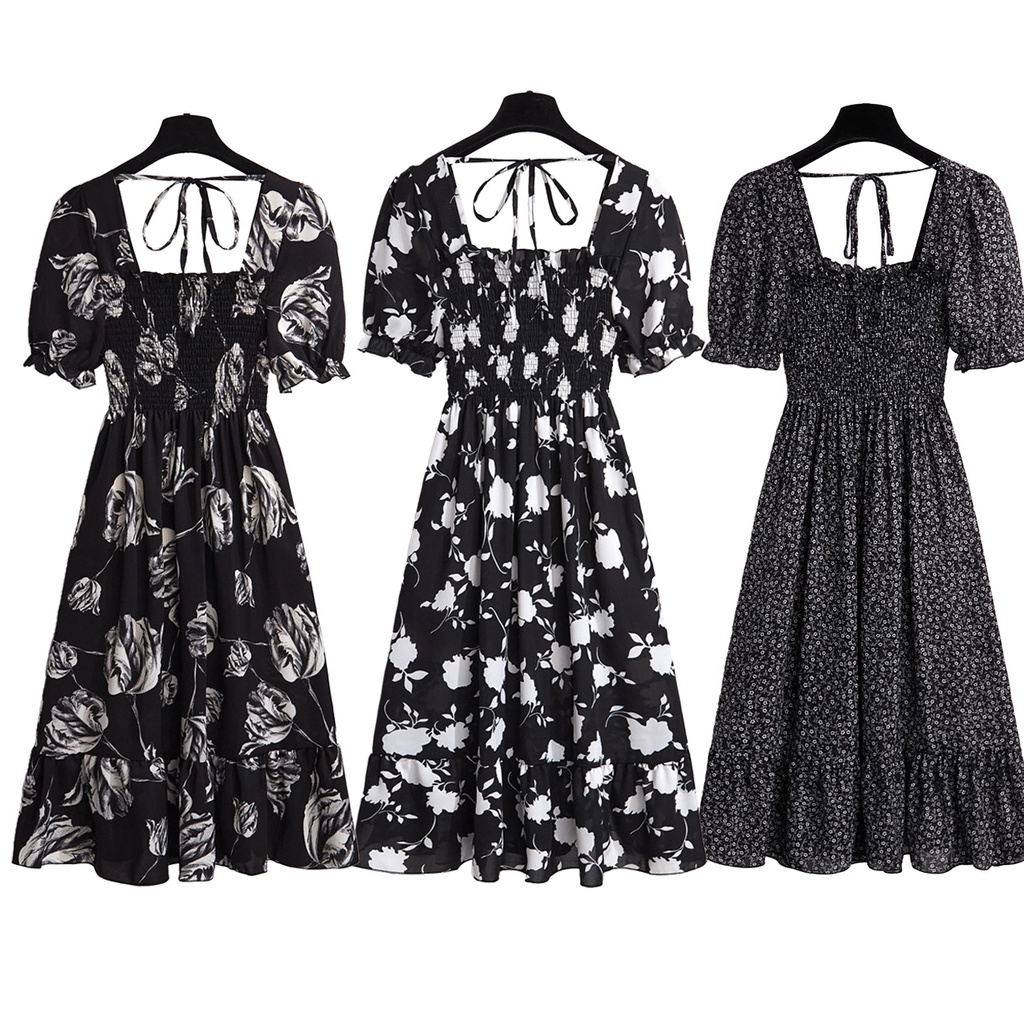 Fashion Gaya Korea Gaun Lengan Pendek Hitam Bunga Wanita Bali Dada Lipit Musim Panas Dress Satu Bahu Fashion Korean Short Sleeve Summer Floral Midi Dress