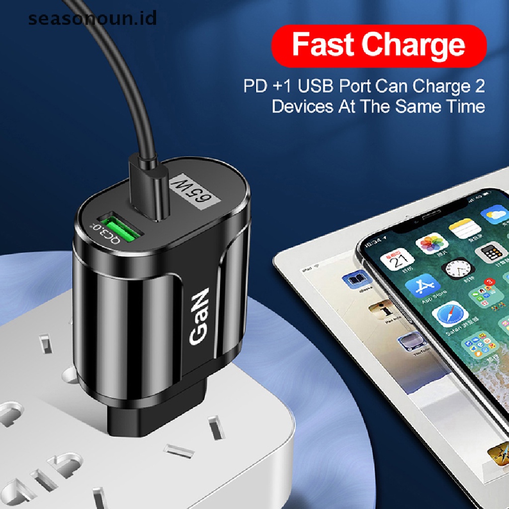 Seasonoun GaN 65W USB C Charger Quick Charge PD USB-C Tipe C Pengisi Daya USB Cepat EU/As/UK.