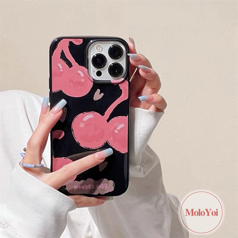 IPHONE Casing Ponsel Kompatibel Untuk Iphone14 13 11 12 Pro Max7 8 Plus XR 7plus X XS Max SE 2020 Imut Love Hati Kartun Pink Cherry Smiley Shockproof Glossy Halus Keren Hitam Soft Cover