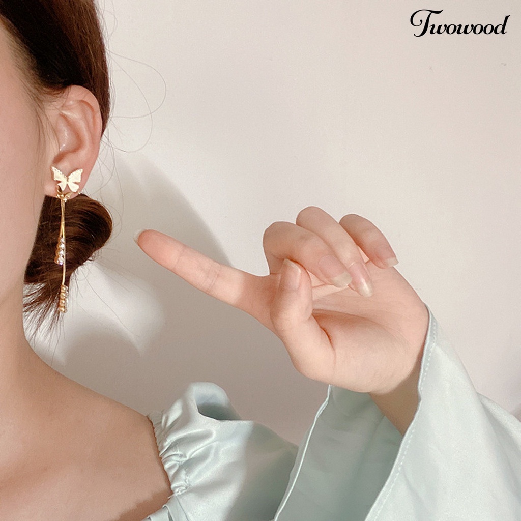 Twowood Pendant Earrings Glitter Mewah Rumbai Panjang Gaya Korea Kupu-Kupu Hias Berlian Imitasi Anting Panjang Aksesoris Fashion