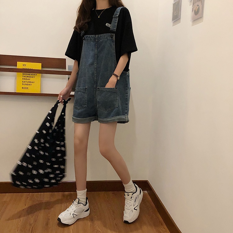 Korean Style Jumpsuit Pendek Denim Tali Kiatan Celana Kodok Wanita Longgar JEANS Overall Jumpsuit