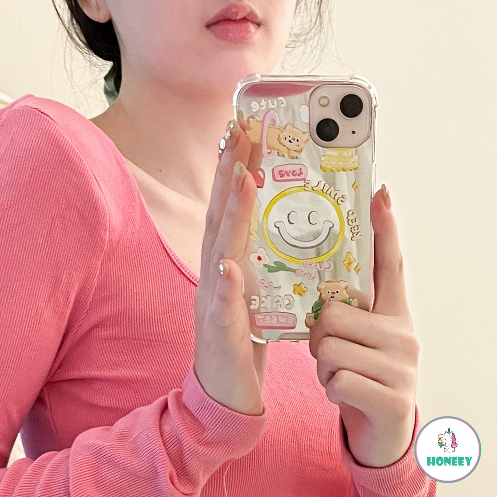 Casing Ponsel Cermin Smiley Beruang Lucu Gaya Korea Kompatibel Untuk IPhone 14 Pro Max12 13 Pro Max11 Lembut Anti-Drop Phone Back Cover