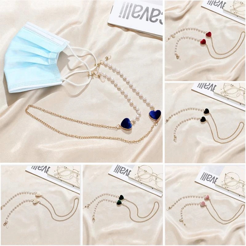 Rantai Kacamata Gantung Leher Halus Ringan/Aksesoris Kacamata Anti Slip Anti Hilang/Rantai Mutiara Cinta Ganda Mode Kreatif Ganda Serbaguna
