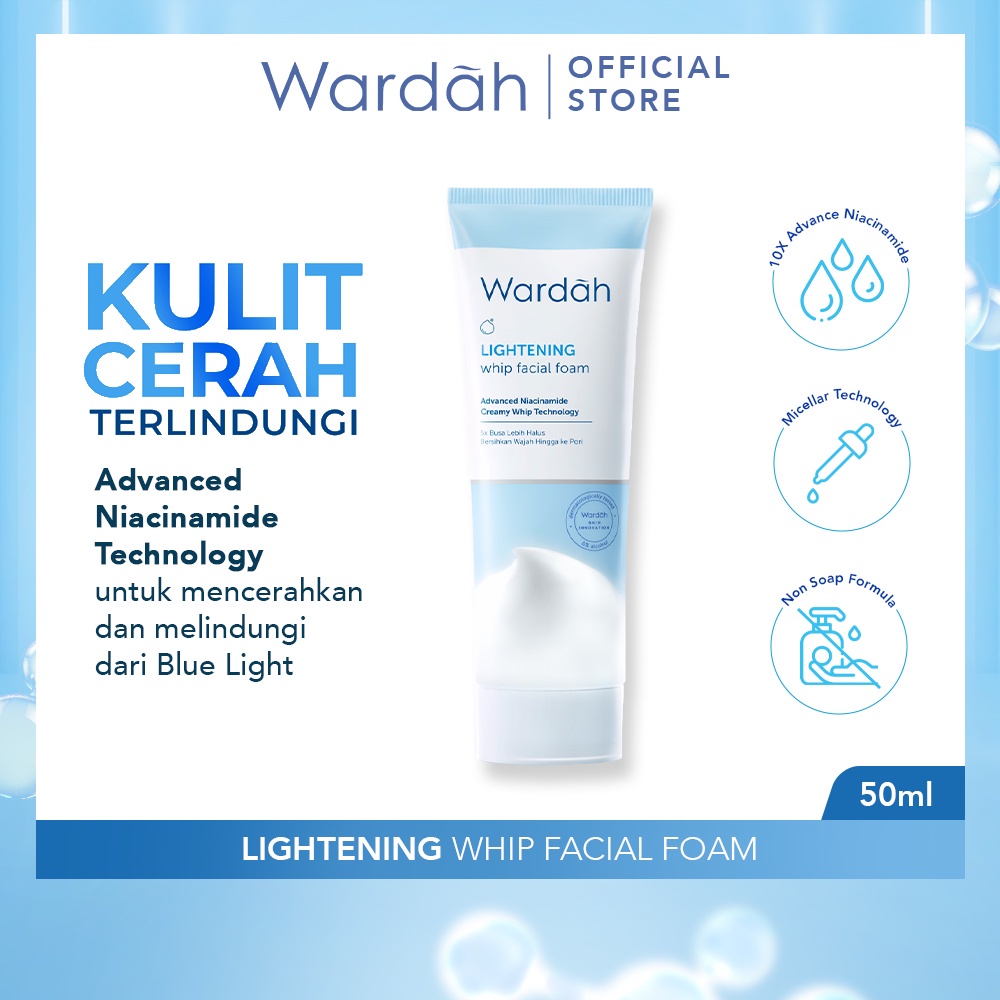 WARDAH Lightening Whip Facial Foam Indonesia / Pembersih Wajah 50ml 100ml / Advanced Niacinamide Creamy Whip Technology / 5x Busa Lebih Halus Bersihkan Wajah Hingga ke Pori / Berminyak / Cleanser Cleansing Face Wash Sabun Cuci Muka / Skincare Care Series