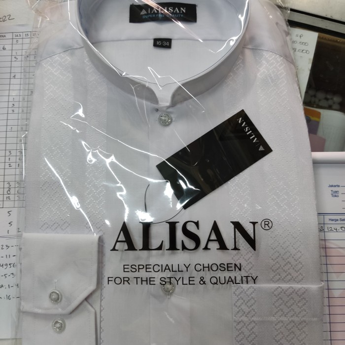 Kemeja baju koko lengan panjang pria Alisan - S jumbo slimfit terbaru koko dewasa putih C3L0