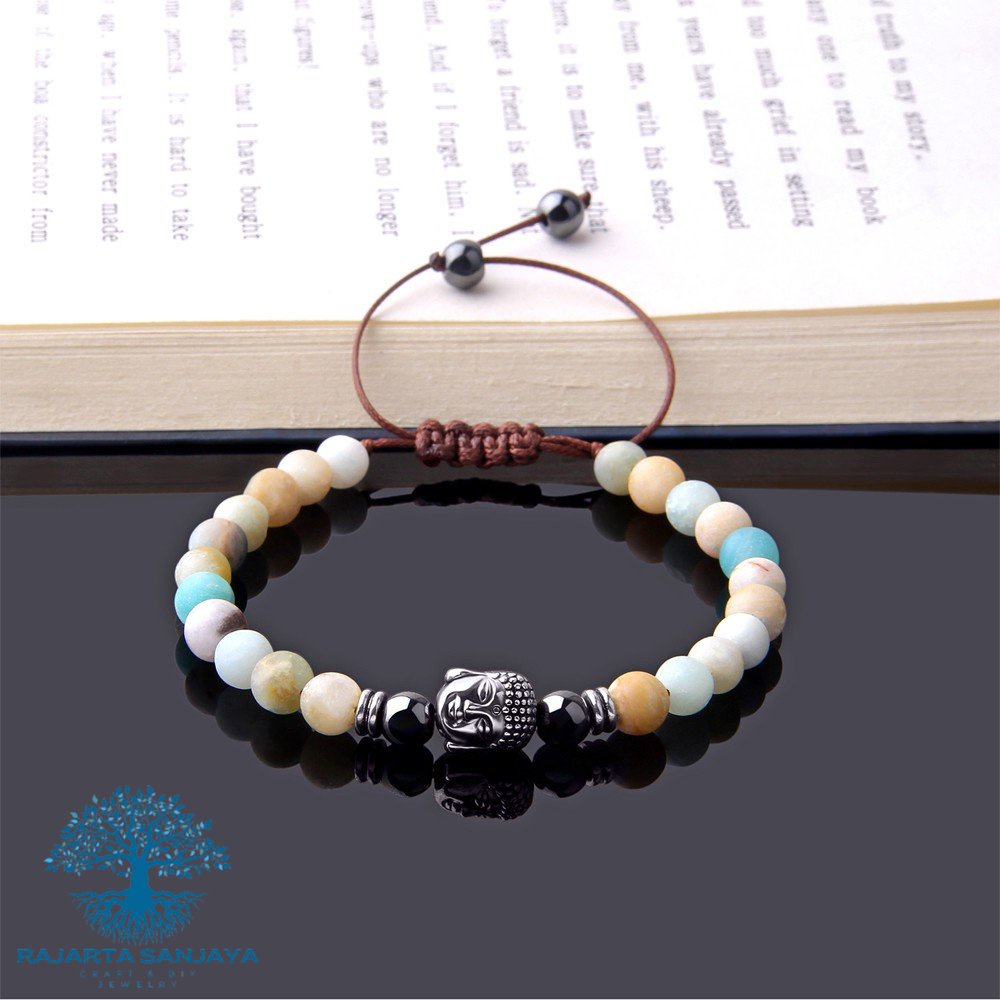 Gelang Ku Rajut Shambala Amazonite Indian Grey Jasper Buddha Double Knot