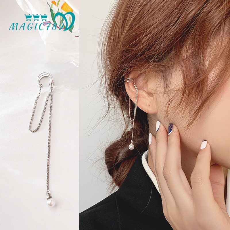 Papaozhu 1PC Mutiara Elegan Rumbai Rantai Liontin Klip Anting Untuk Wanita Perempuan Trendi Tanpa Tindik Cuff Earrings Kepribadian Telinga Aksesoris