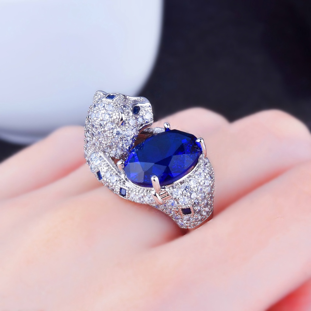 Goldkingdom Aksesoris Perhiasan Fashion Ready Stock Gauding Jewelry Royal Sapphire Emerald Full Bor Leopard Kepala Cincin Perempuan Yang Dapat Disesuaikan