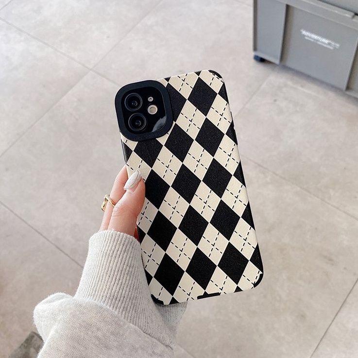 【Lamb Skin】Rhombic lattice Soft Case for IPhone 7 Plus 8 Plus X XS XR XS Max 11 13 12 14 PRO Max 14 Plus Fashion Women Black Phone Case Camera Protect