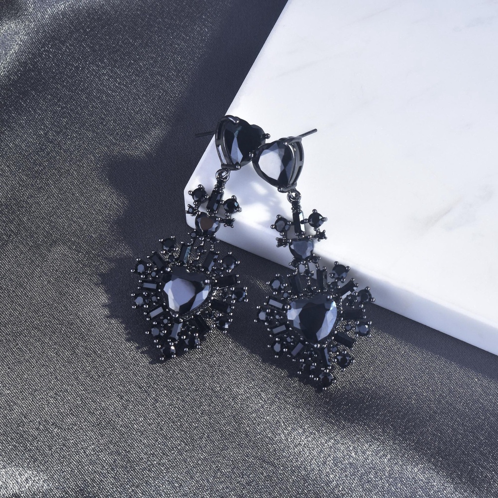 Goldkingdom Aksesoris Perhiasan Fashion Ready Stock Anting Hati Hitam Emas Black Zircon Gemstones Diamonds Maiden Love Stud Earrings