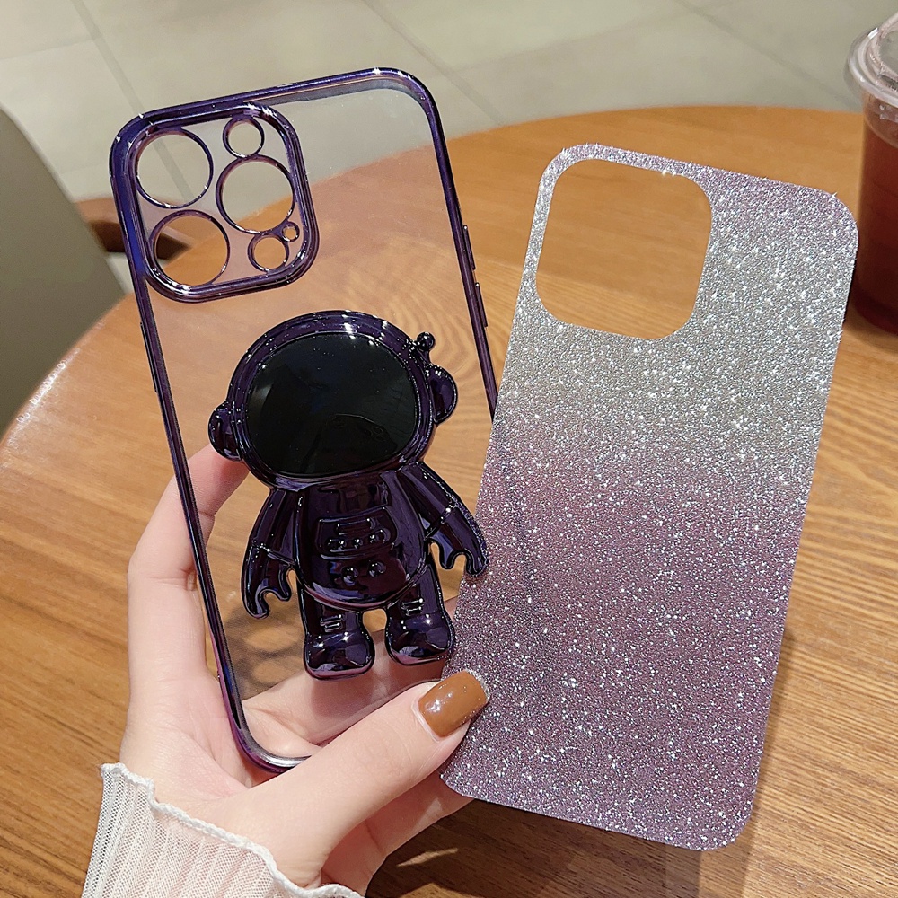 Casing Glitter Gradasi Astronot Lucu Untuk iPhone 14 Pro Max13 12 11 X Xr Xs 8 7 6 6s Plus SE 2 Plating Bracket Stand Bling Cover