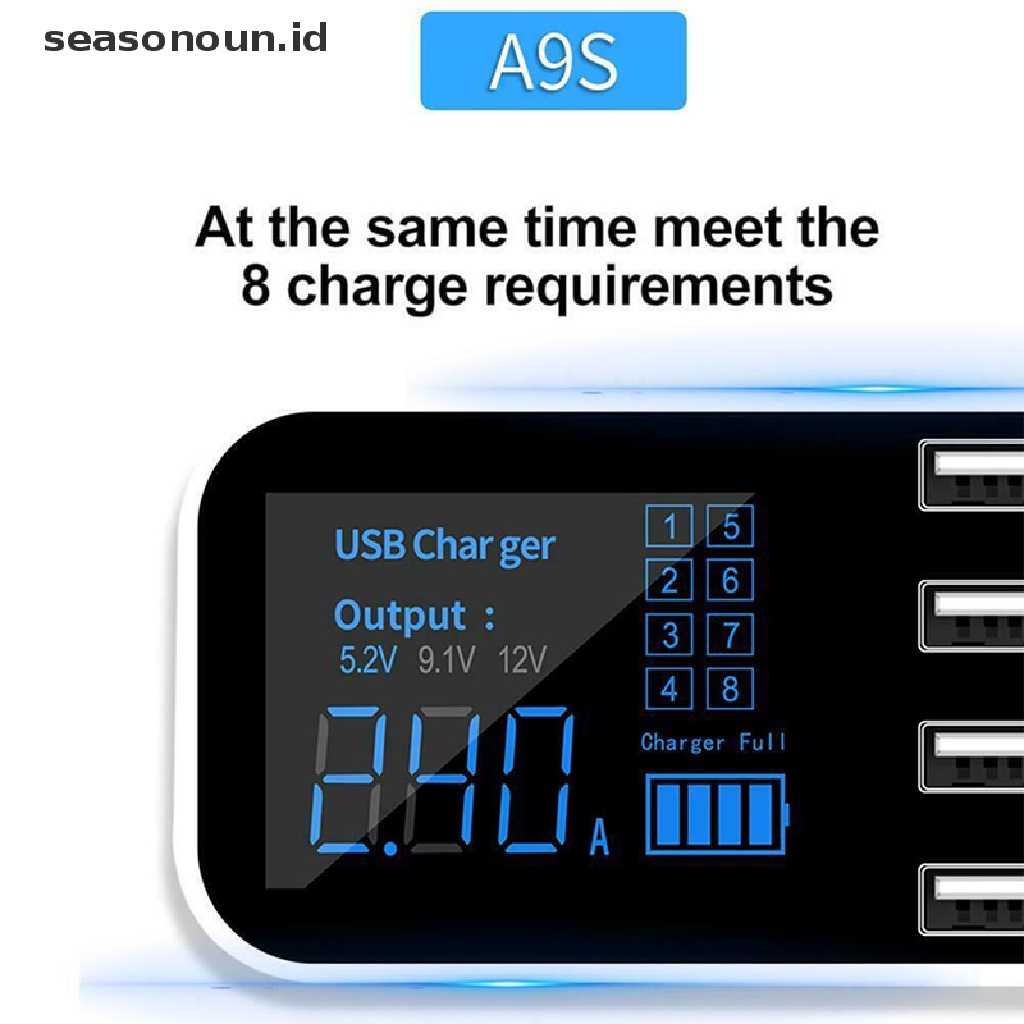 Seasonoun USB 8port Adaptor Charger Mobil Smart LED Display Charging Station.