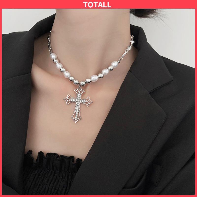 COD Kalung Alloy Vintage Pearl Cross Pendant Punk Sweter Serbaguna Wanita-Totall