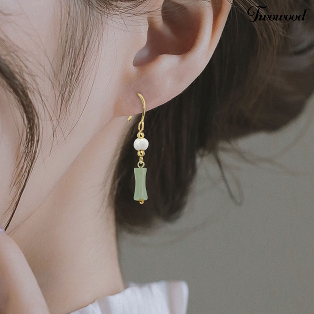 Twowood 1pasang Anting Menjuntai Manik-Manik Mutiara Imitasi Gaya Cina Faux Hetian Jade Bamboo Joint Hook Earrings Aksesoris Perhiasan