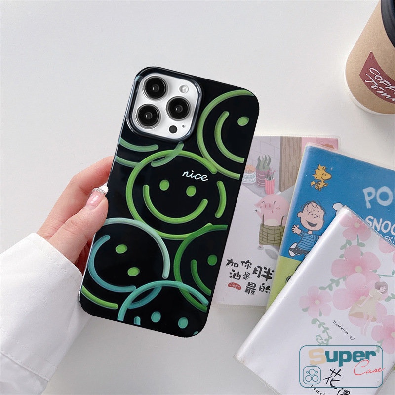Ins Lucu Smiley Cinta Hati Halus Casing Ponsel Kompatibel Untuk IPhone 7Plus XR 13 14 11 12 Pro Max 7 8 Plus X XS Max SE 2020 Kartun Keren Hitam Kotoran Glossy Tahan Lembut Tpu Cover