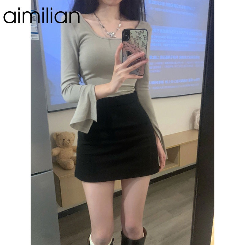 Red aimilian pure desire style hot girl t-shirt lengan panjang wanita musim semi dan musim gugur bottoming shirt slim fit and thin short top