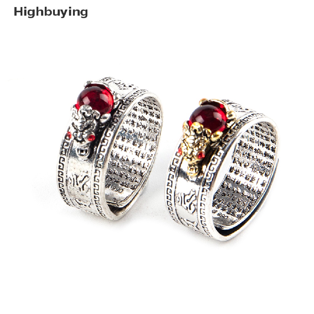 Hbid 1PCS Cina Feng Shui Pixiu Cincin Vintage Perak Disepuh Hati Sutra Beruntung Awan Diukir Cincin Batu Merah Permata Pi Xiu Binatang Cincin Pria Wanita Jari Cincin Perhiasan Antik Glory