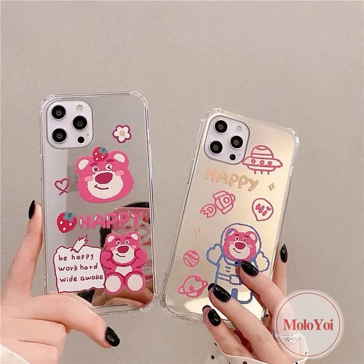 IPHONE Kartun Astronot Manyo Make Up Cermin Ponsel Case Kompatibel Untuk Iphone11 13 12 Pro MAX XR 7plus 78 Plus X XS MAX SE 2020 Beruang Strawberry Lucu Shockproof Soft Cover