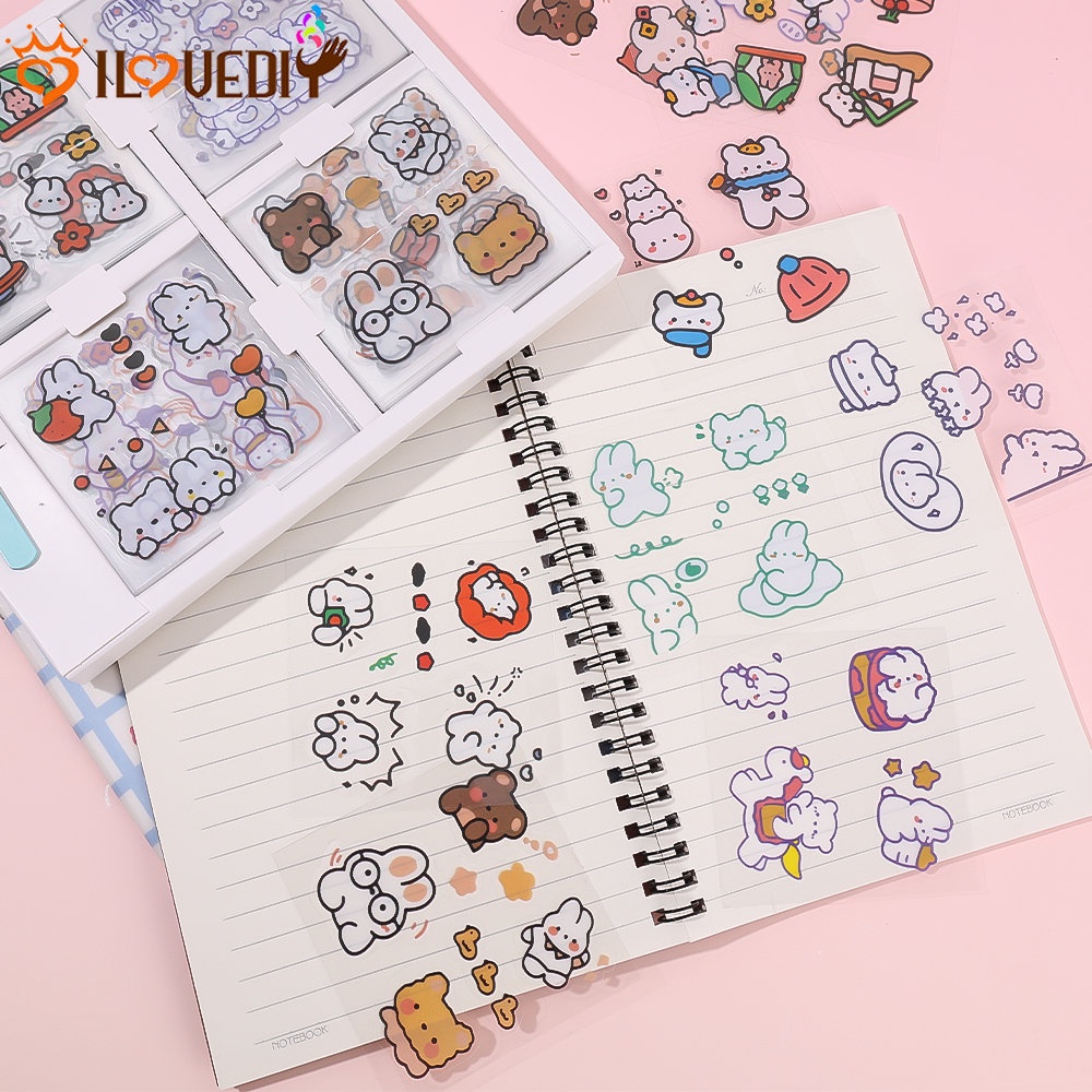 [Random Pattern] DIY Akun Tangan Stiker Dekoratif Pola Kartun Stiker PET Anime Dekorasi Cream Kelinci Diary Stiker Perekat Diri Alat Tulis Stiker Lucu Guka Card Tag