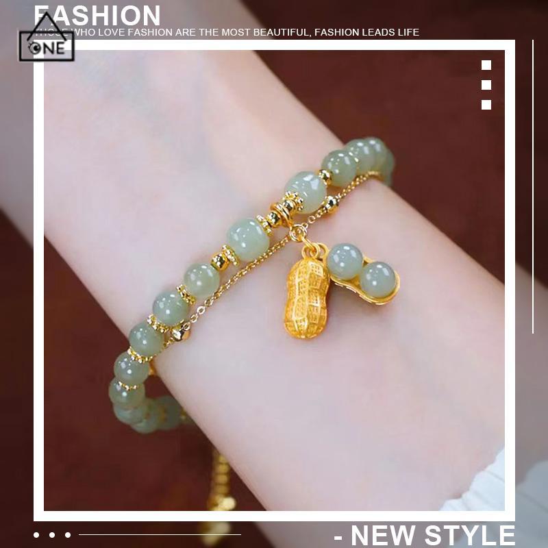 COD❤️Gelang Rantai Emas Hijau Liontin Kacang Gaya Cina Retro Untuk Wanita-A.one