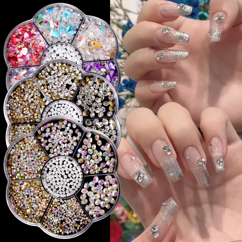 1kotak Multi-Ukuran Glitter Kuku Berlian Imitasi Datar Kembali 3D Kristal AB Warna Permata Tidak Teratur Perhiasan Manik-Manik Nail Art Manicure Dekorasi Aksesoris
