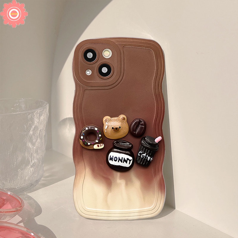 IPHONE Mainan Kartun 3D Lucu Beruang Kopi Donat Case Kompatibel Untuk Iphone11 7 8 Plus XR 13 12 14 Pro Max 6s 6x XS Max14 Plus SE 2020 Gradiasi Coklat Tepi Bergelombang Lembut TPU Cover