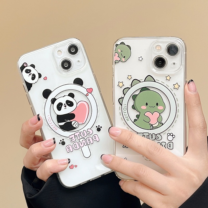 IPHONE Untuk Iphone14 13 12 11 Pro Max Perlindungan Hisap Magnetik soft Case Transparan Kartun panda Dinosaurus